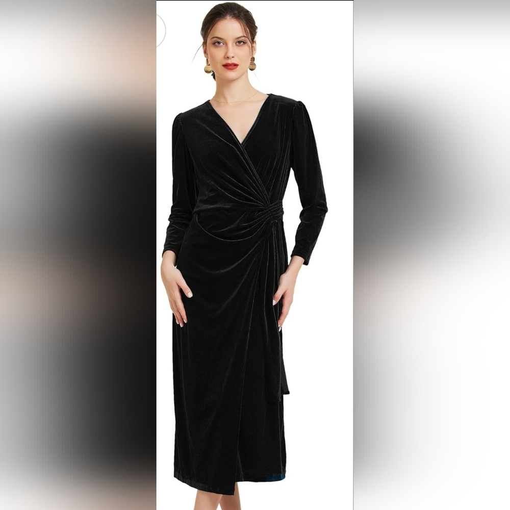 Allegra K - Velvet Wrap Dress - Black